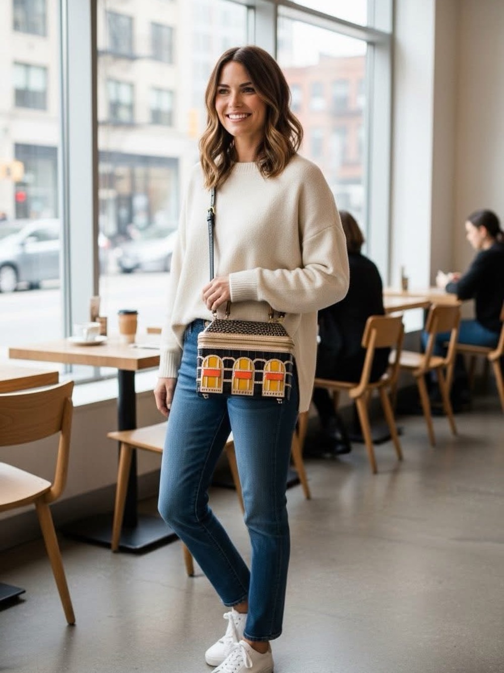 House theme Crossbody Bag with Colorblock Arch Detail - Cream/Yellow/Orange